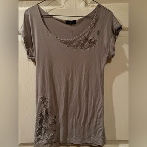 Wet Seal Gray Short Sleeve Top with Beautiful Lace Accents and a Raw Edged Cut